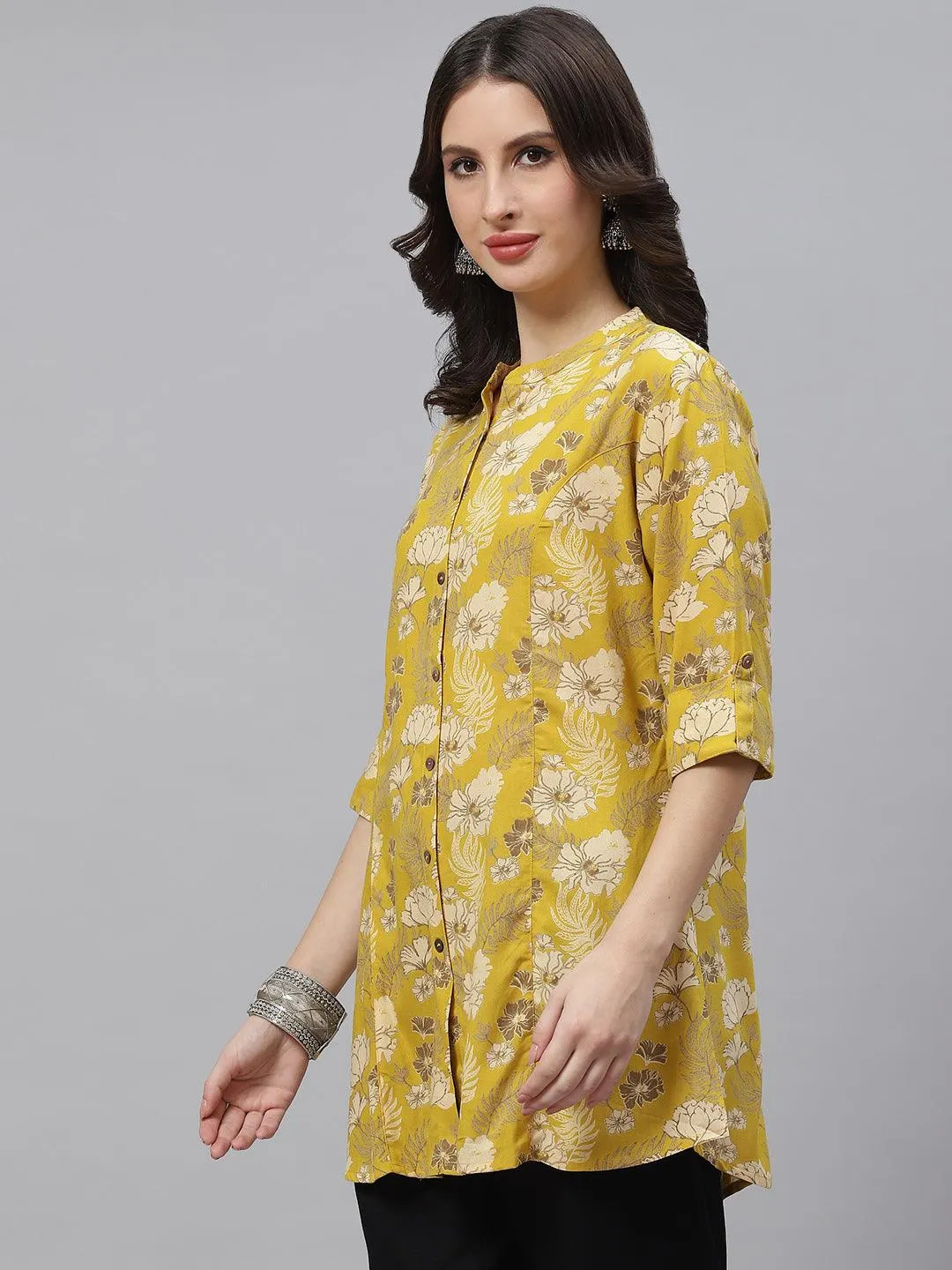 Divena Mustard Floral Rayon A-lineTop