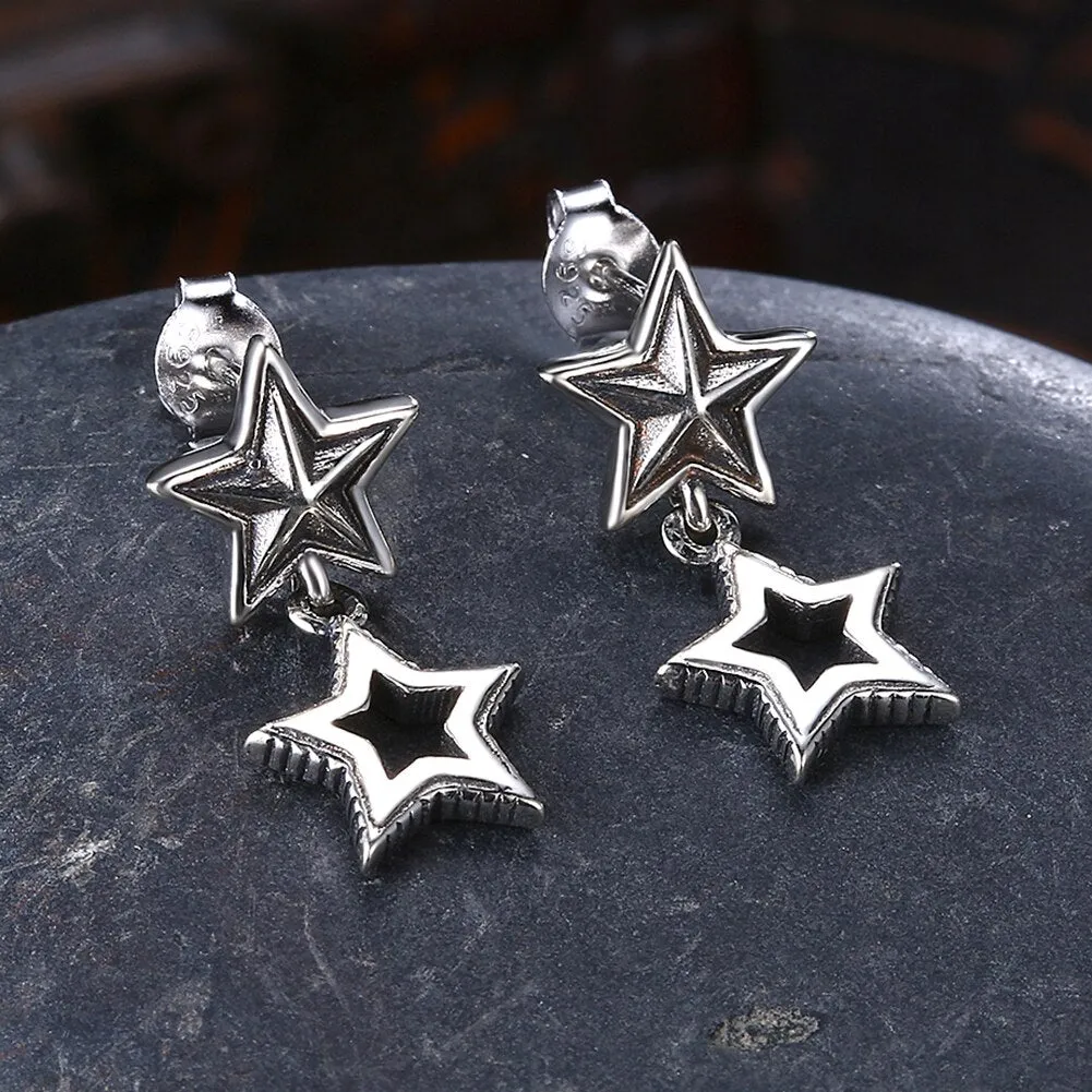 Double Star 925 Sterling Silver Vintage Drop Earrings