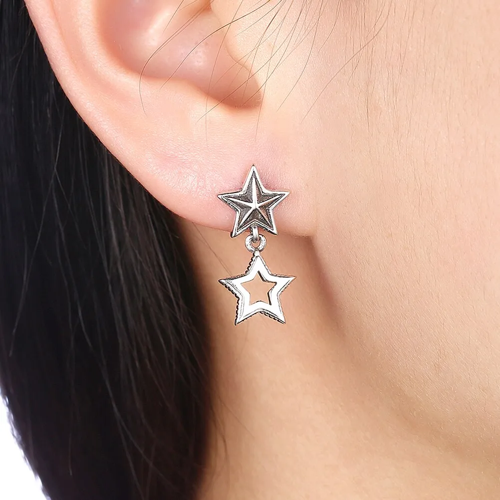 Double Star 925 Sterling Silver Vintage Drop Earrings