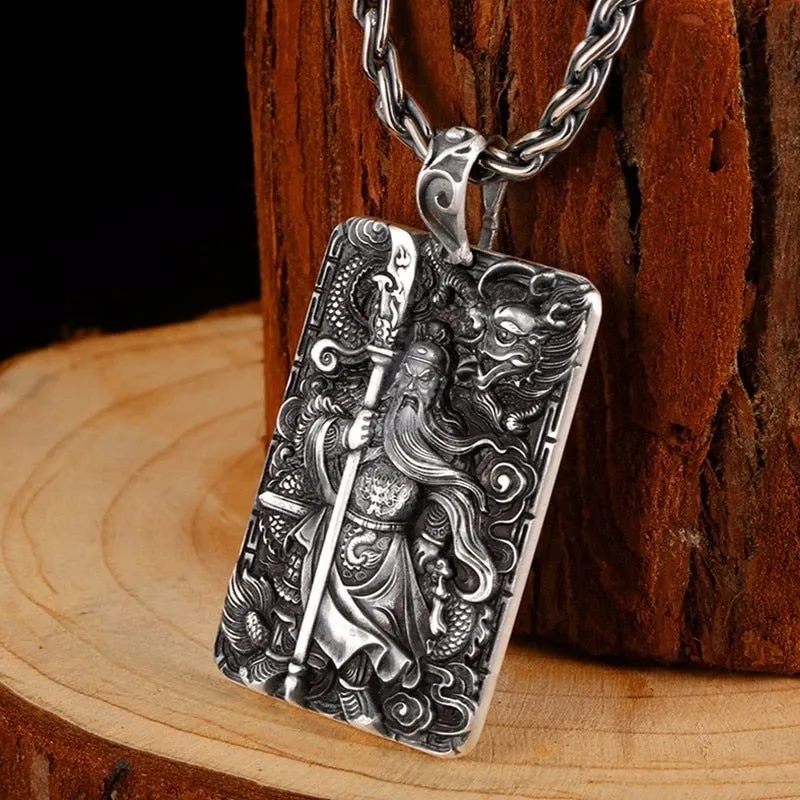 Dragon and Hero Guan Yu 999 Genuine Silver Vintage Pendant Necklace