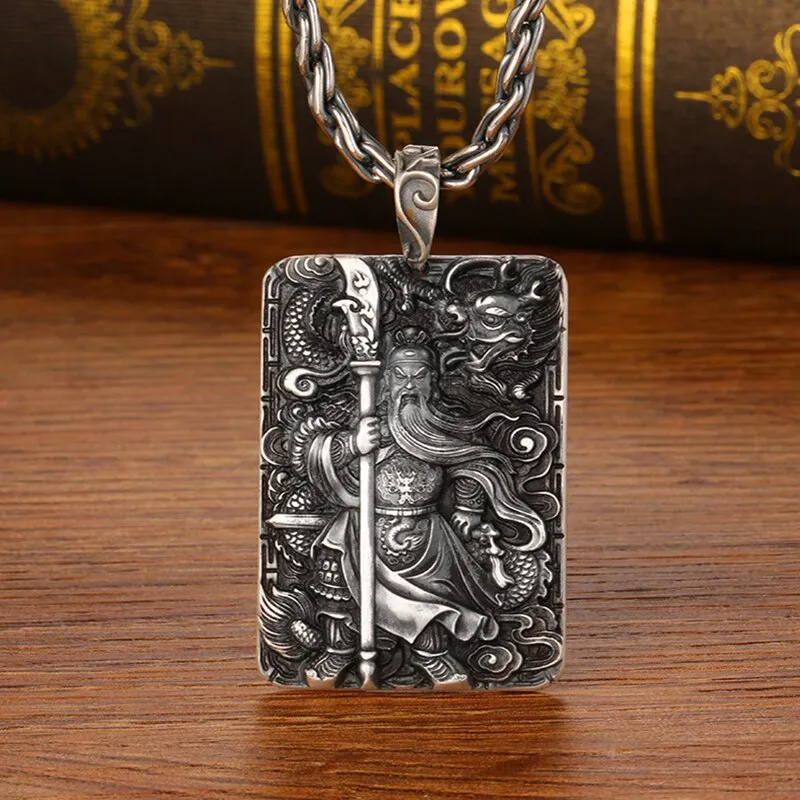 Dragon and Hero Guan Yu 999 Genuine Silver Vintage Pendant Necklace