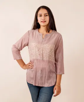 Dusty Pink Printed Top with Thread Work