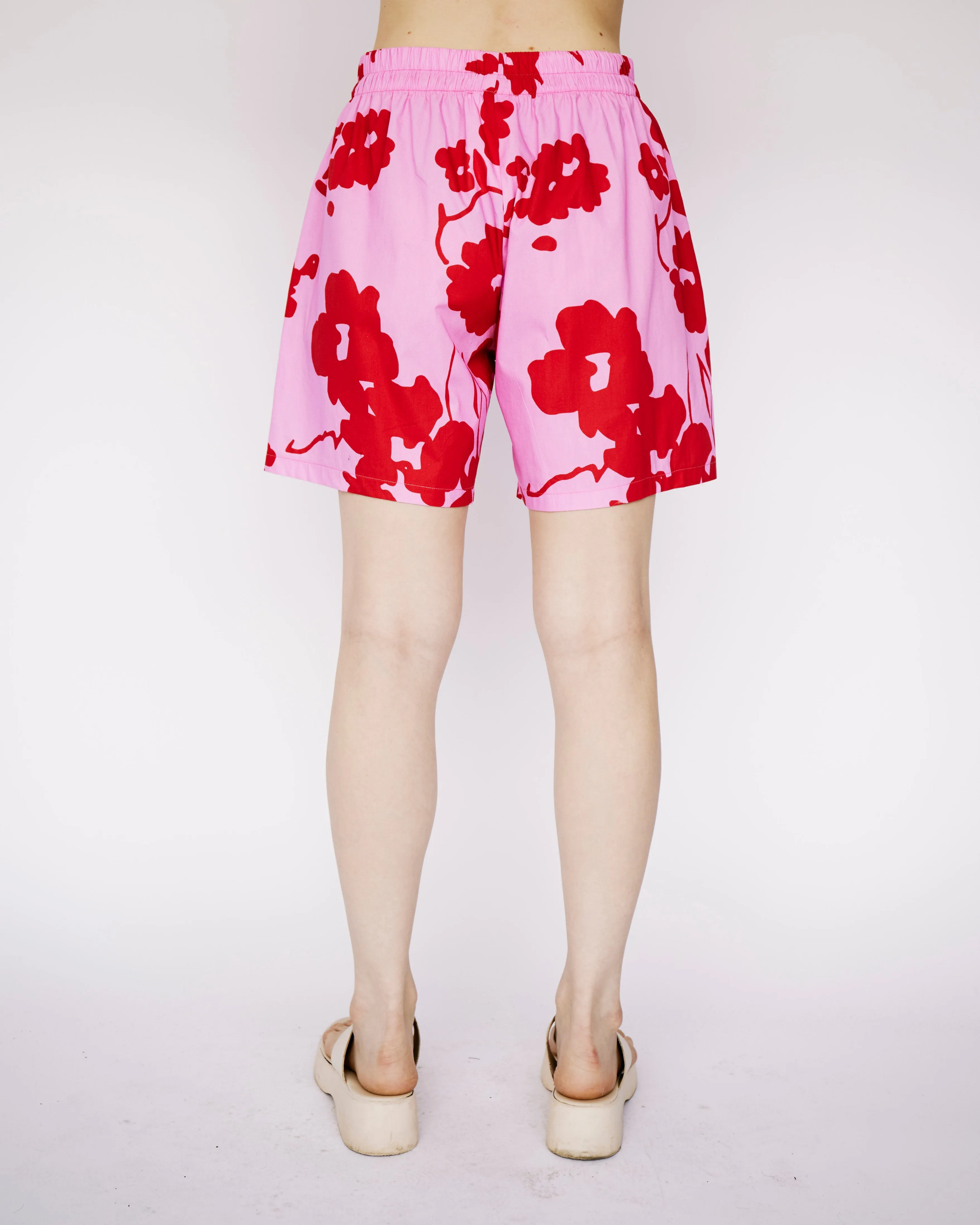 Elasticated Unisex Shorts with Drawstring in Red and Pink Floral