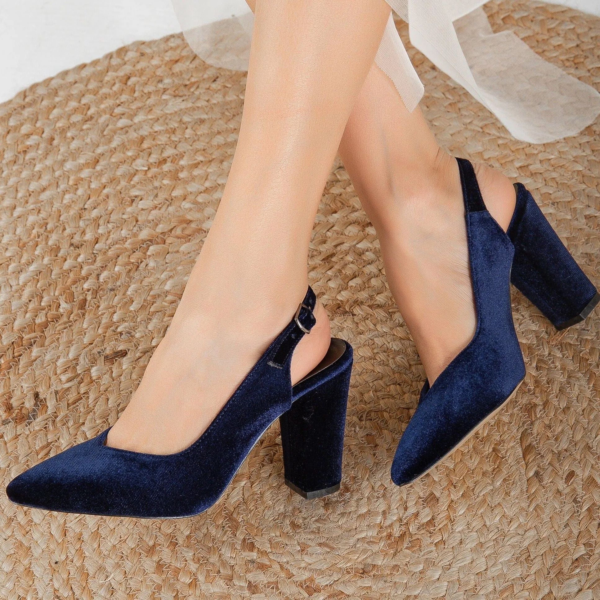 Emma Vegan Velvet Slingback High Heels | Blue