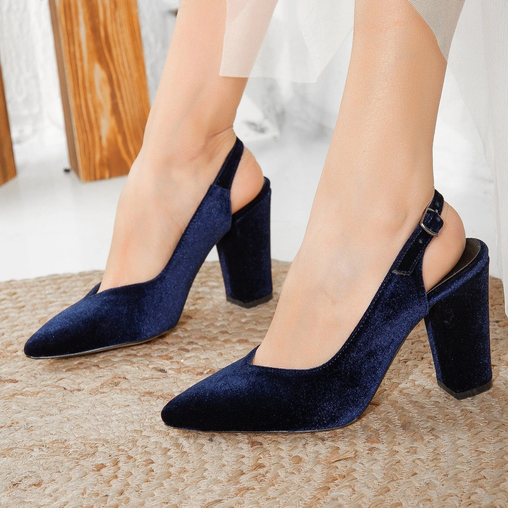 Emma Vegan Velvet Slingback High Heels | Blue