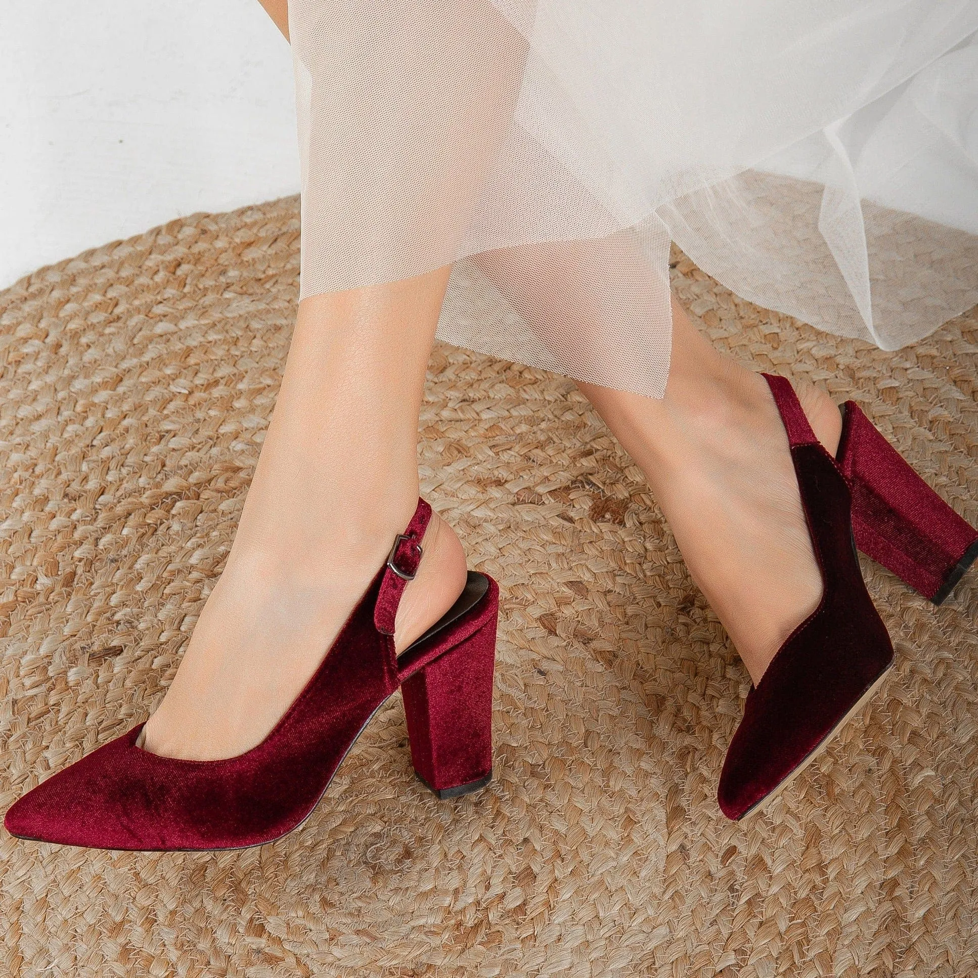 Emma Vegan Velvet Slingback High Heels | Burgundy