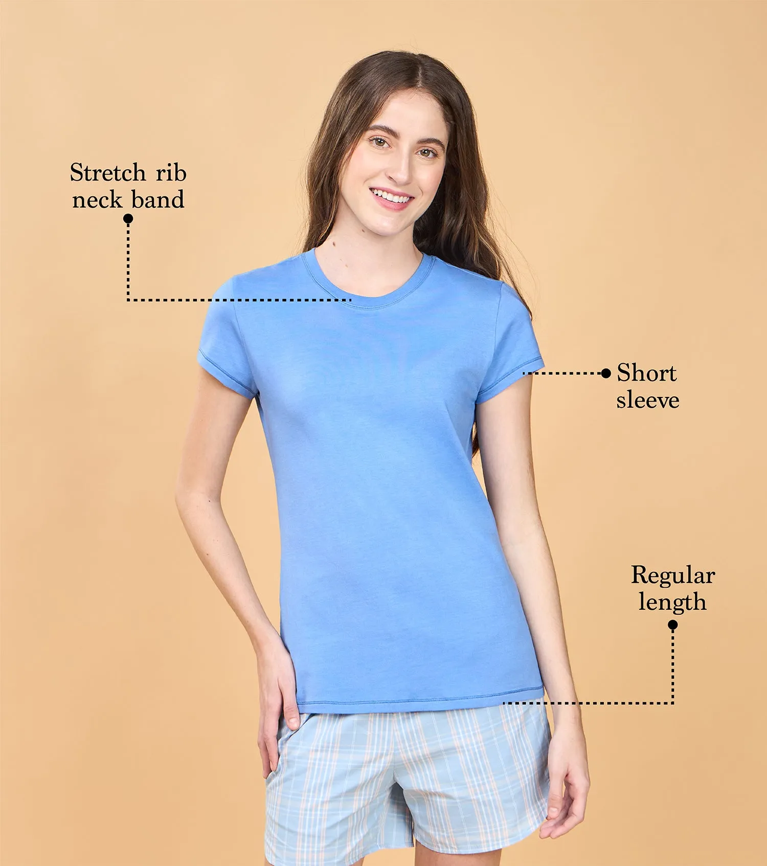 Enamor Essentials Womens E047-Short Sleeve Crew Neck Slim Fit Stretch Cotton Tee