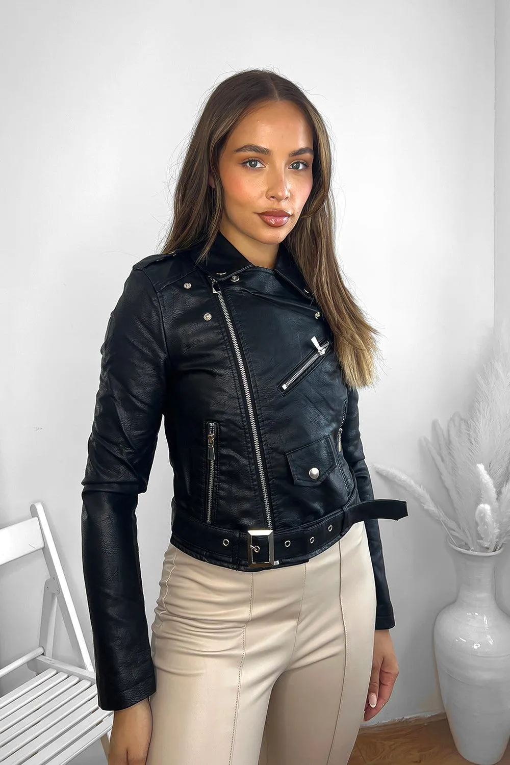 Faux Leather Asymmetric Zip Buckle Belt Biker Jacket