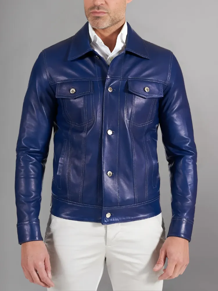 Fernando Mens Distressed Blue Trucker Leather Jacket