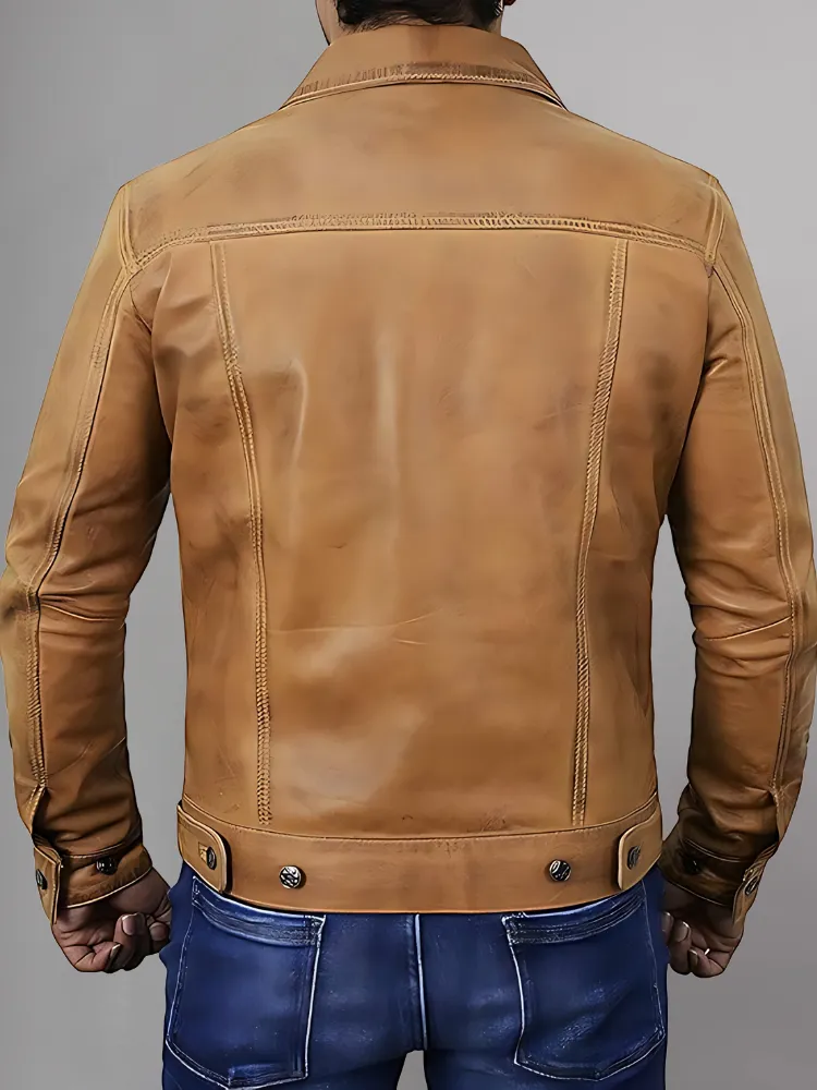 Fernando Mens Distressed Blue Trucker Leather Jacket