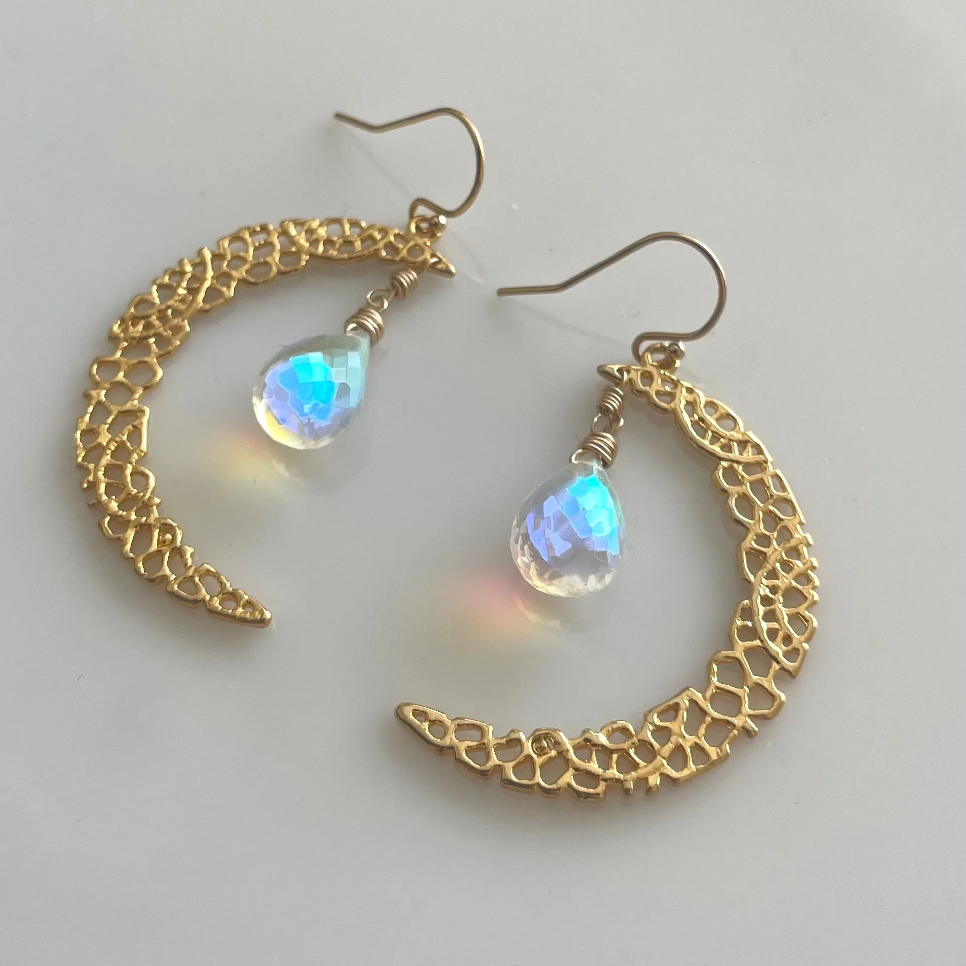 Fire Moonstone Crescent Moon Gold Vermeil Earrings