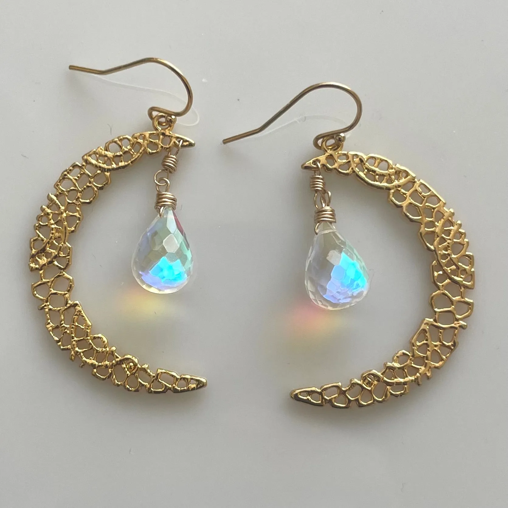 Fire Moonstone Crescent Moon Gold Vermeil Earrings