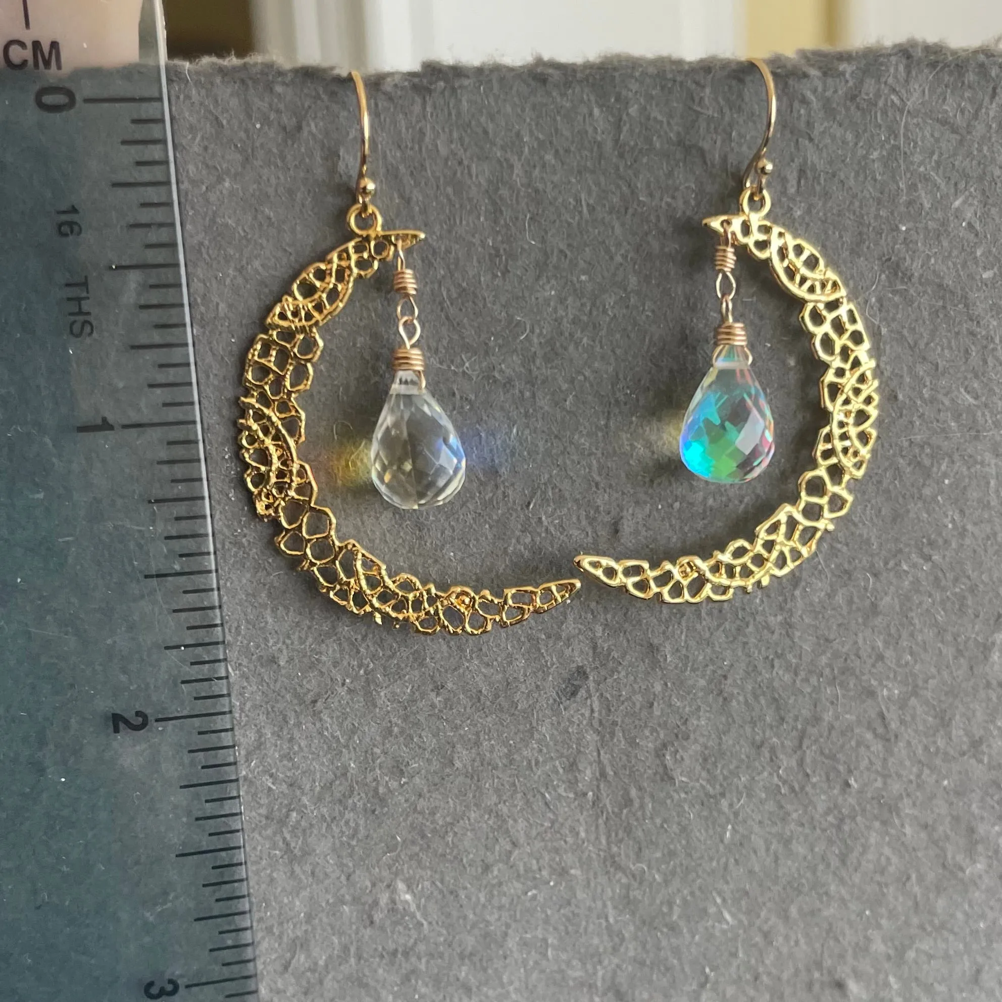 Fire Moonstone Crescent Moon Gold Vermeil Earrings