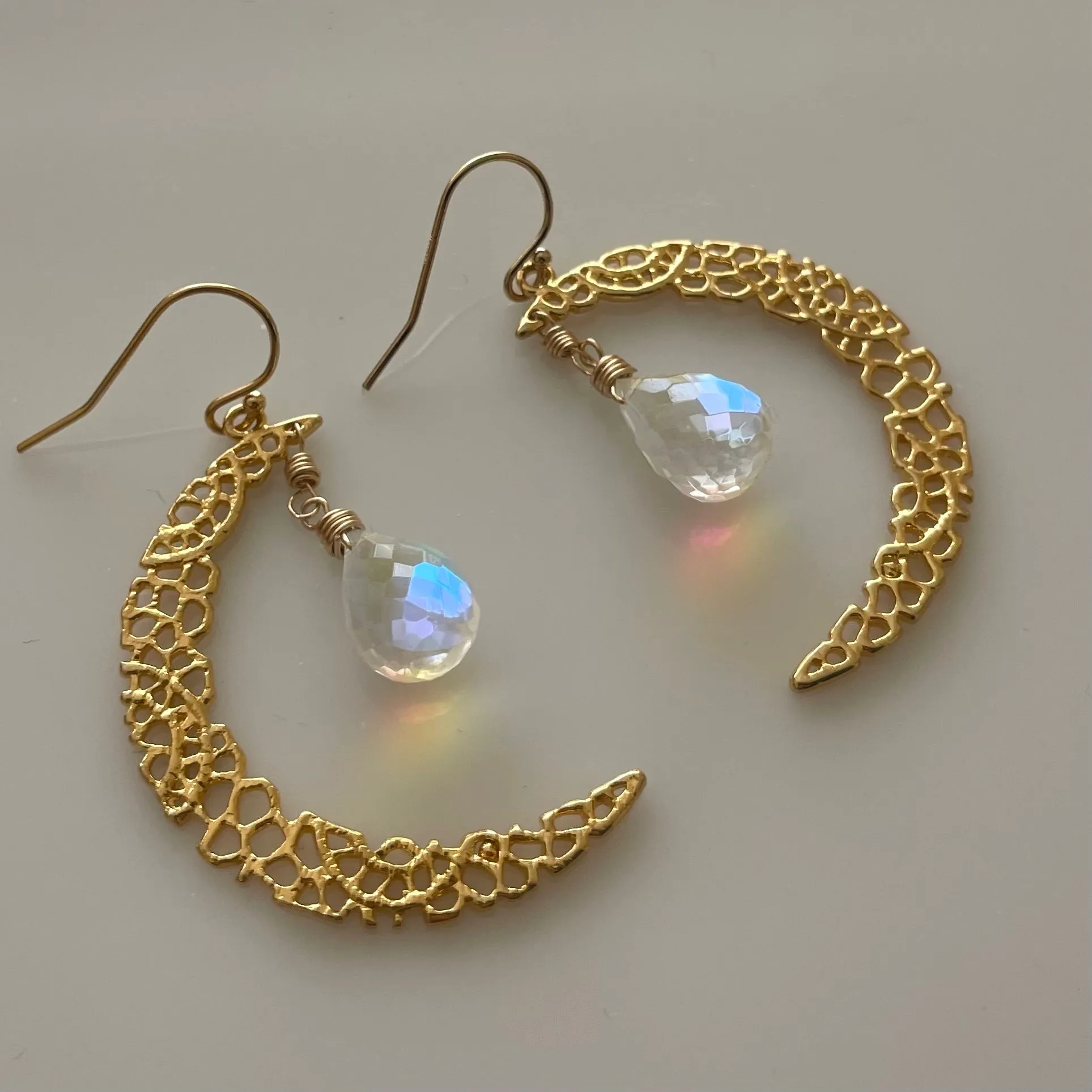 Fire Moonstone Crescent Moon Gold Vermeil Earrings