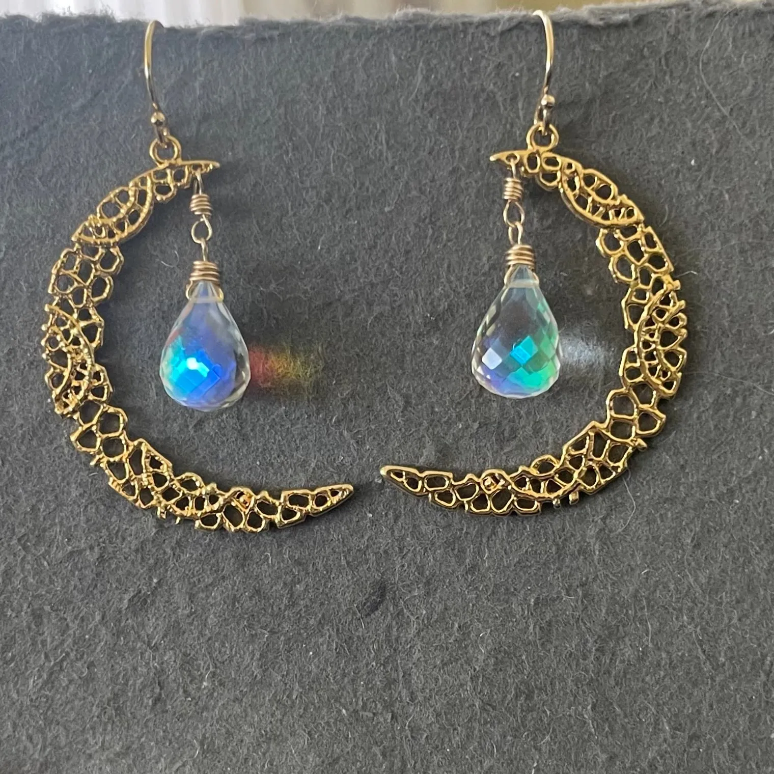 Fire Moonstone Crescent Moon Gold Vermeil Earrings