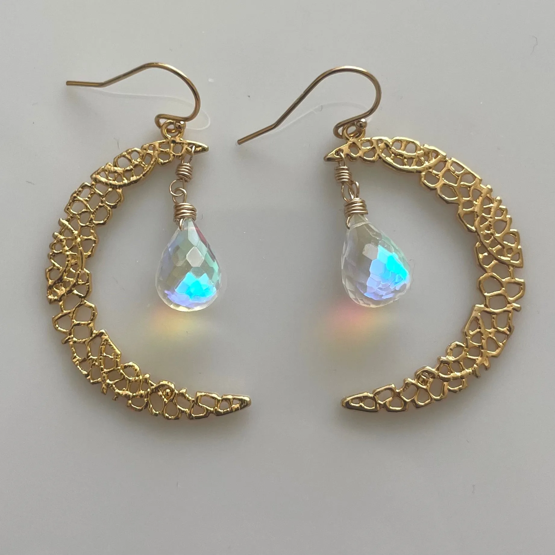 Fire Moonstone Crescent Moon Gold Vermeil Earrings