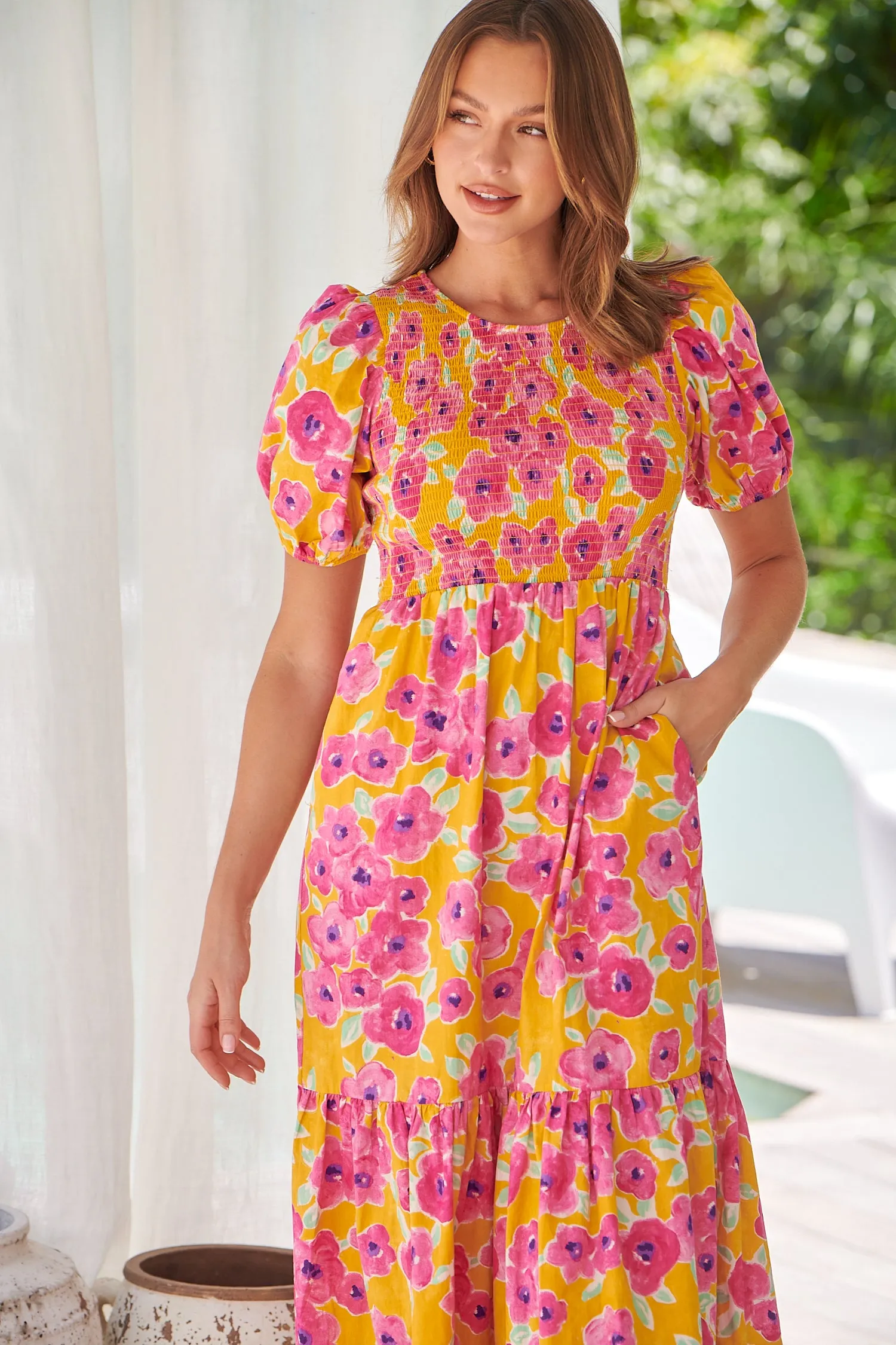 Freya Mustard/Pink Floral Shirred Bust Tiered Maxi Dress