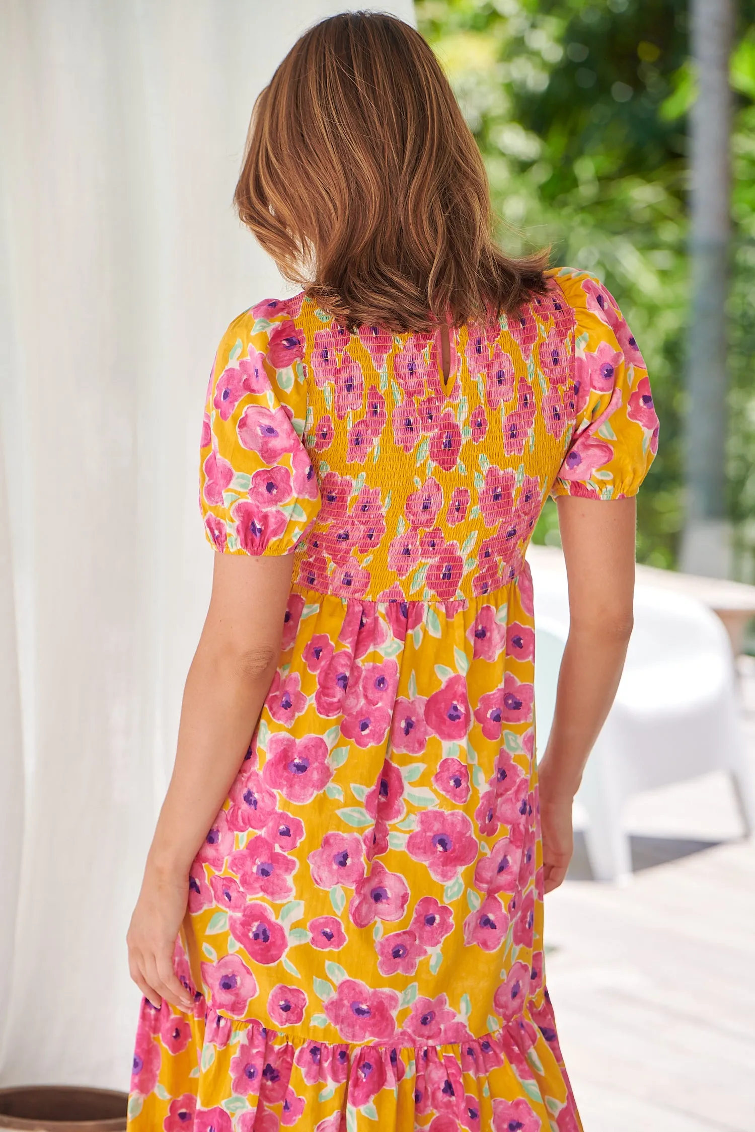 Freya Mustard/Pink Floral Shirred Bust Tiered Maxi Dress