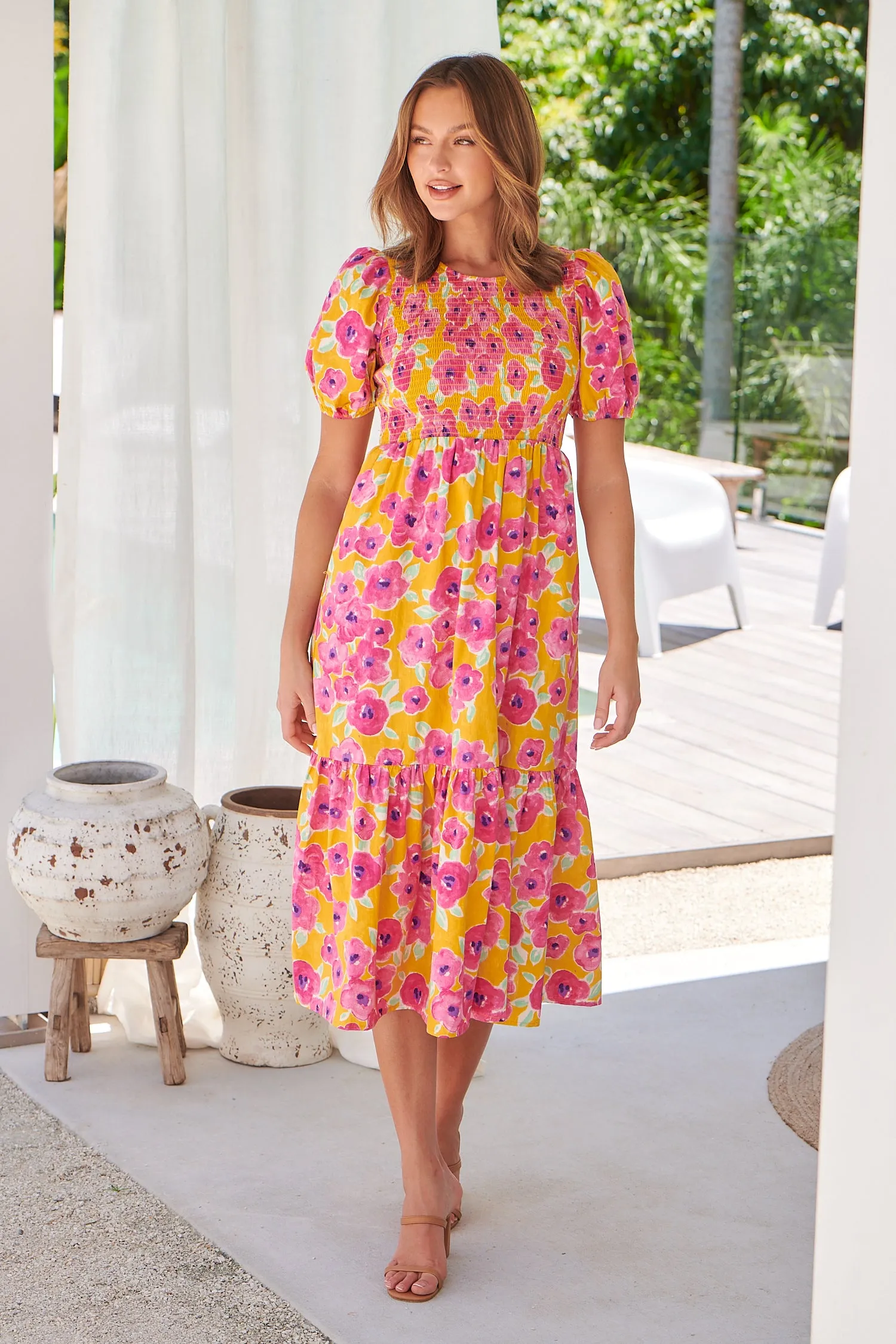 Freya Mustard/Pink Floral Shirred Bust Tiered Maxi Dress