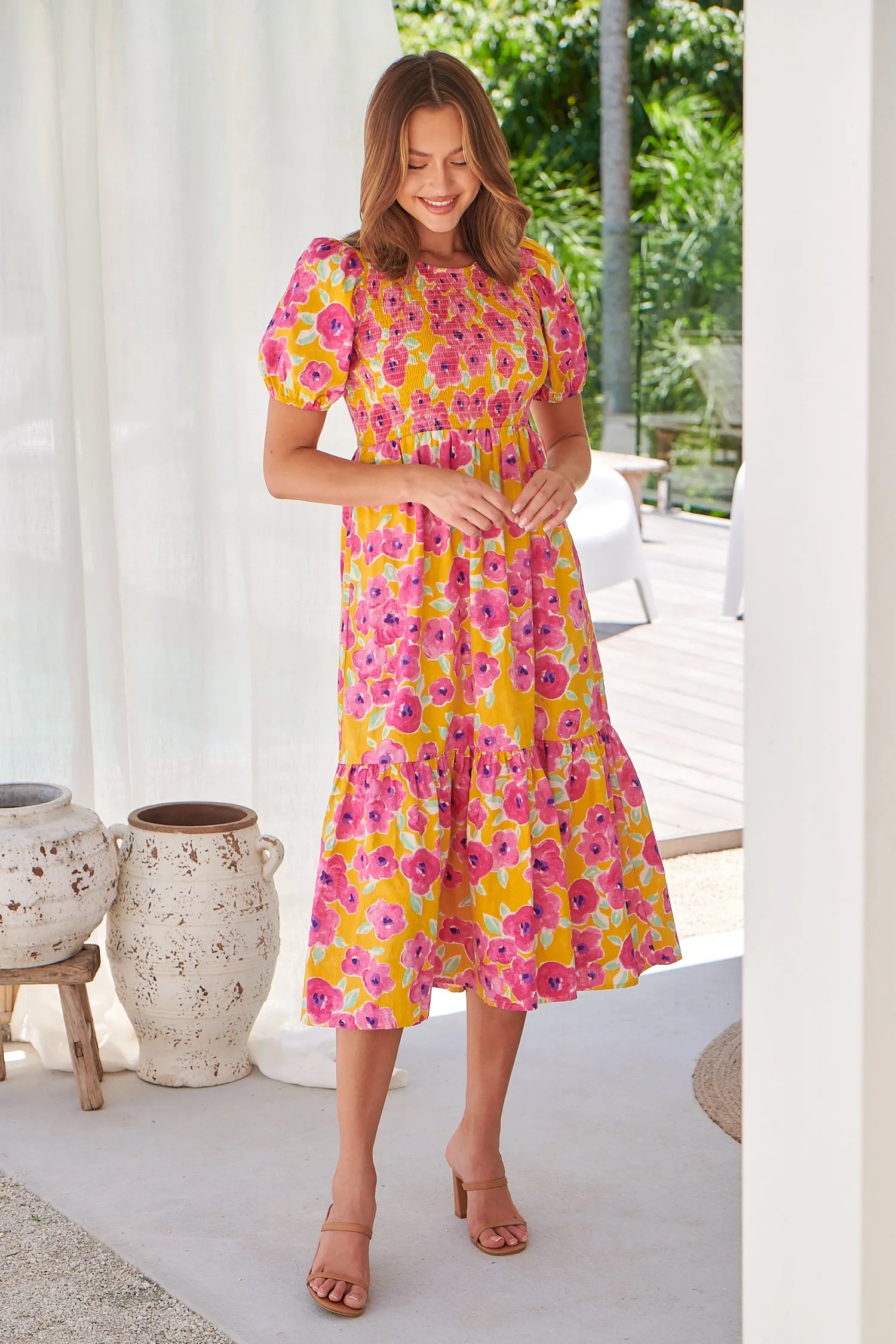 Freya Mustard/Pink Floral Shirred Bust Tiered Maxi Dress