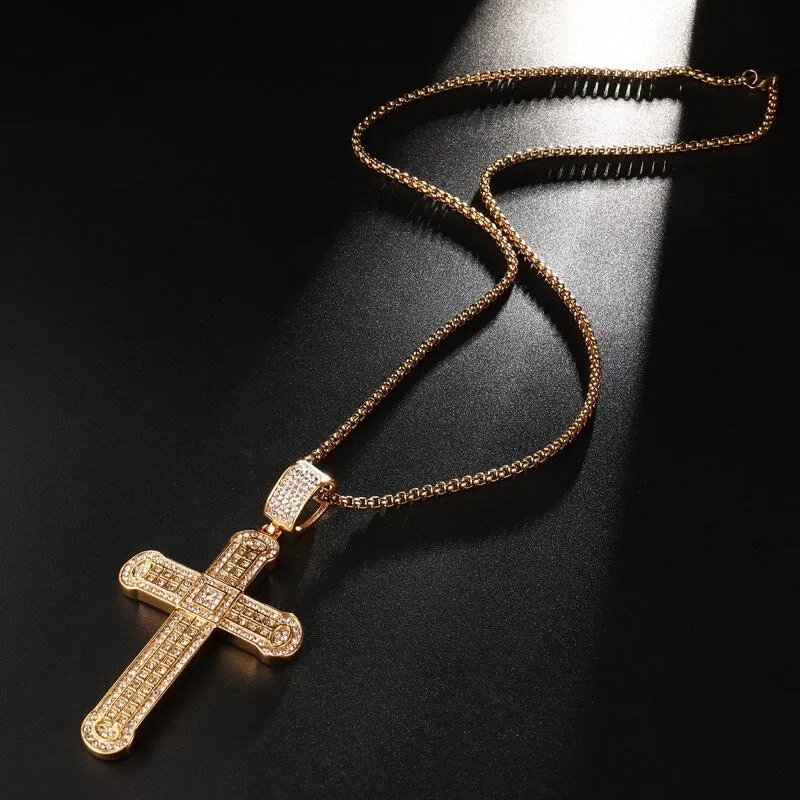 Gemstone-Studded Gold-Plated Cross Bling Stainless Steel Hip-hop Pendant Necklace