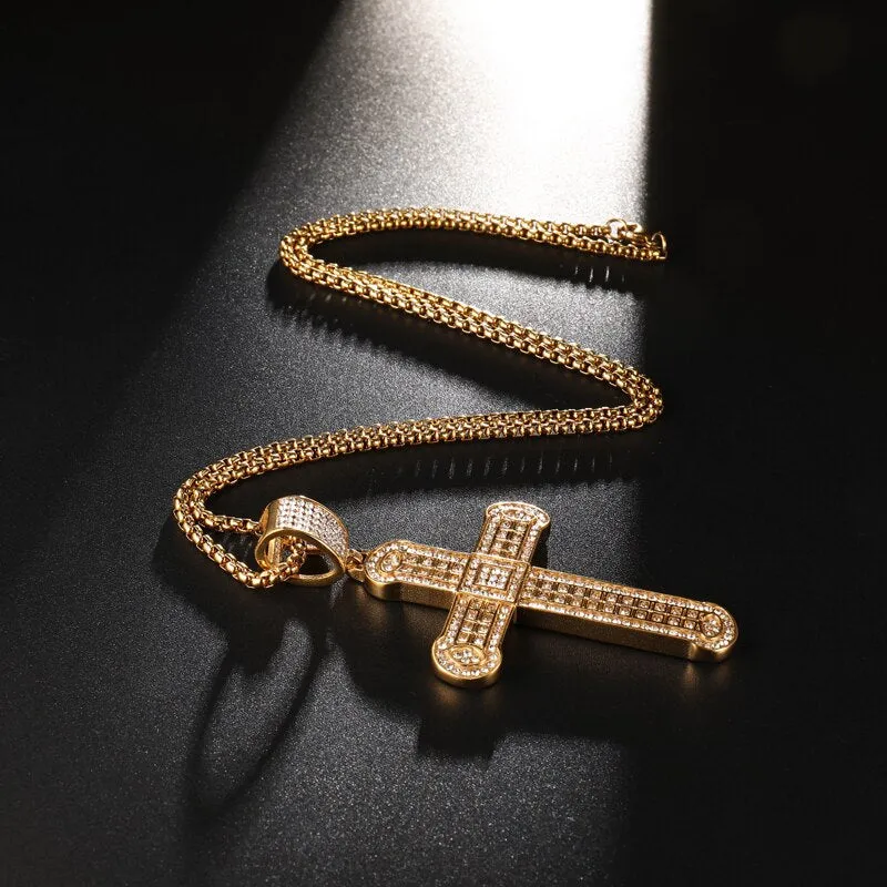 Gemstone-Studded Gold-Plated Cross Bling Stainless Steel Hip-hop Pendant Necklace