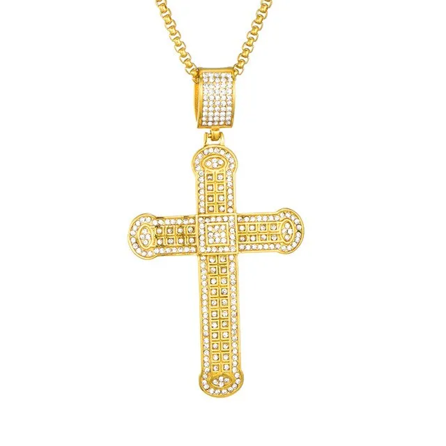 Gemstone-Studded Gold-Plated Cross Bling Stainless Steel Hip-hop Pendant Necklace