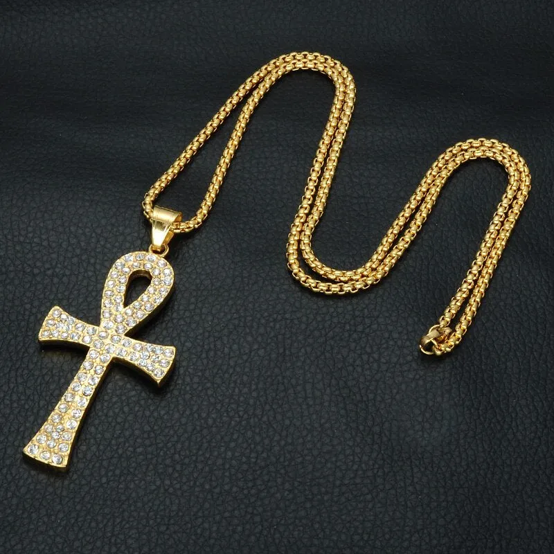 Gemstone-Studded Gold-Plated Egyptian Ankh Bling Stainless Steel Hip-hop Pendant Necklace