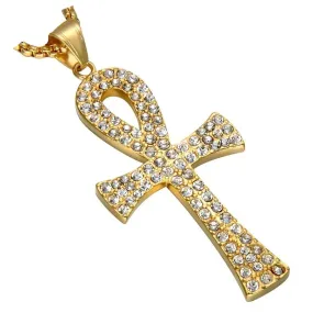 Gemstone-Studded Gold-Plated Egyptian Ankh Bling Stainless Steel Hip-hop Pendant Necklace