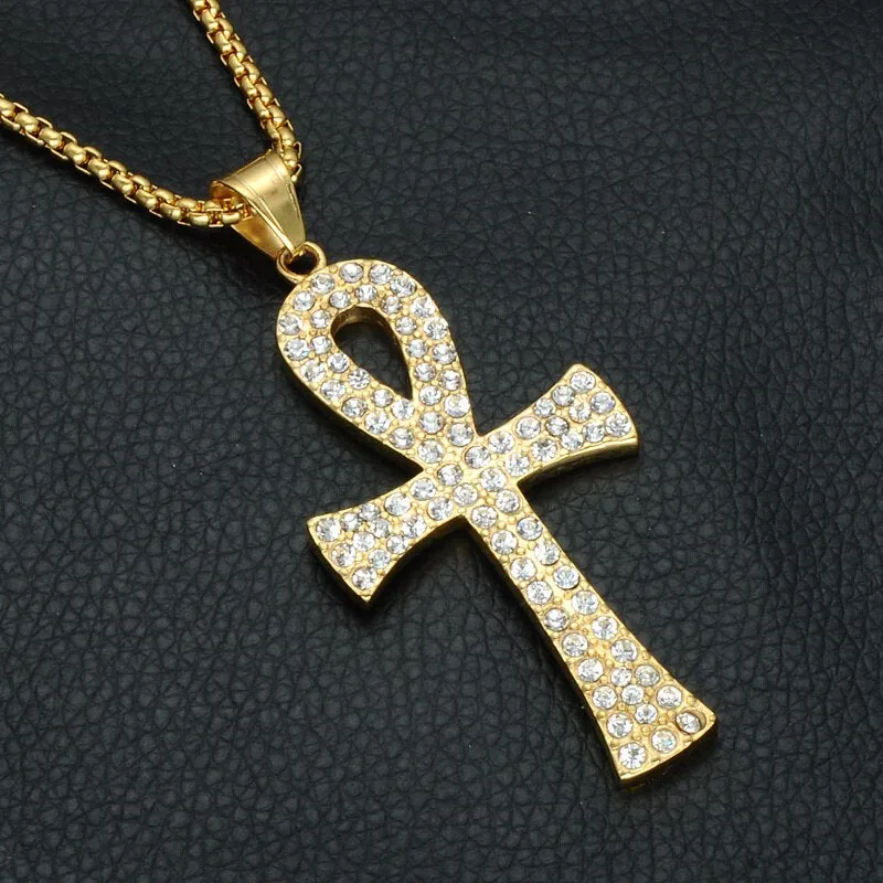 Gemstone-Studded Gold-Plated Egyptian Ankh Bling Stainless Steel Hip-hop Pendant Necklace