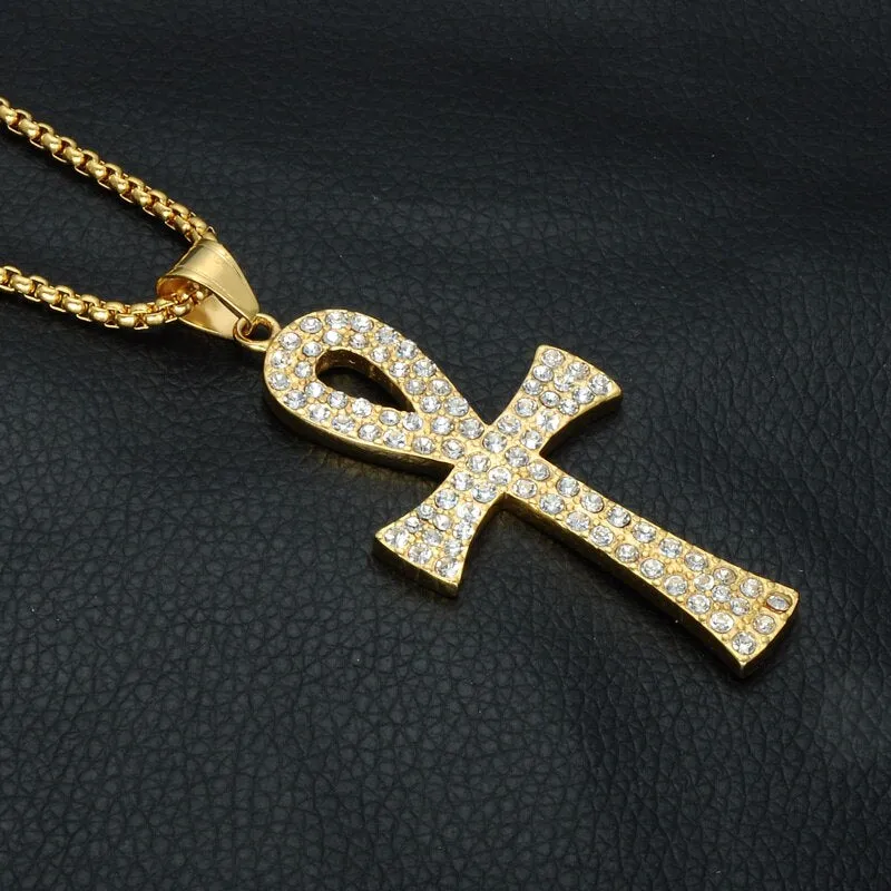 Gemstone-Studded Gold-Plated Egyptian Ankh Bling Stainless Steel Hip-hop Pendant Necklace