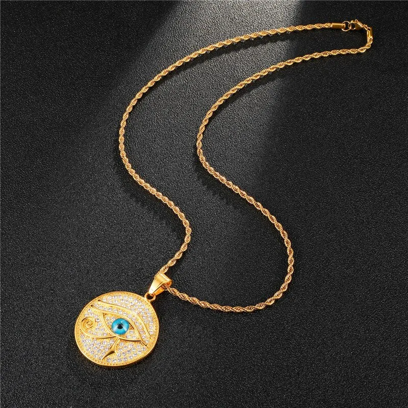 Gemstone-Studded Gold-Plated Evil Eye Bling Stainless Steel Hip-hop Pendant Necklace