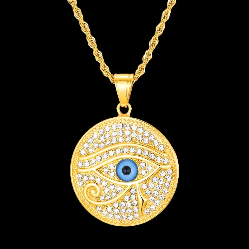 Gemstone-Studded Gold-Plated Evil Eye Bling Stainless Steel Hip-hop Pendant Necklace