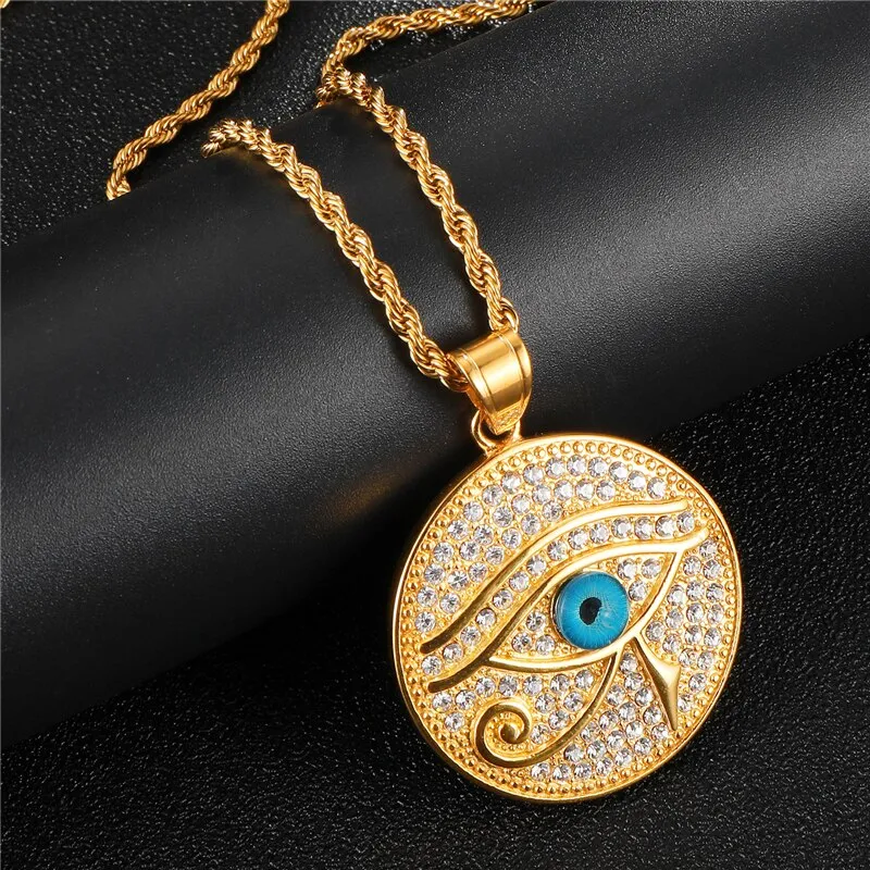 Gemstone-Studded Gold-Plated Evil Eye Bling Stainless Steel Hip-hop Pendant Necklace