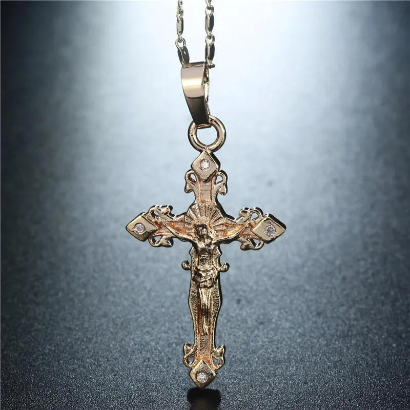 Golden Jesus Christ Crucifix Pendant with Diamond Accent