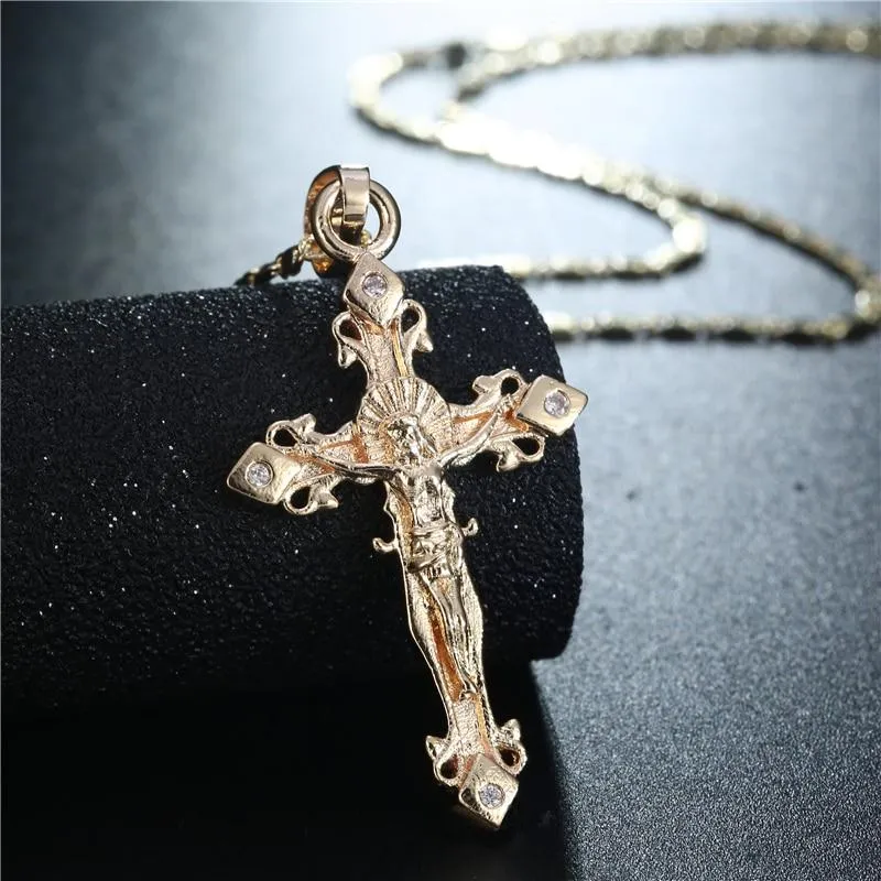 Golden Jesus Christ Crucifix Pendant with Diamond Accent