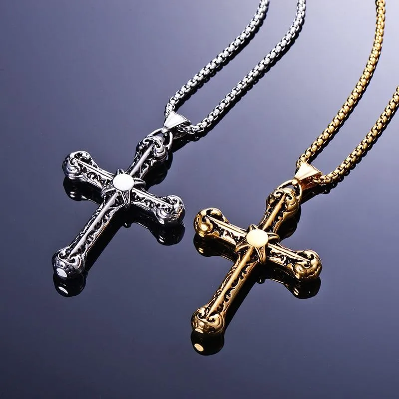 Gothic Silver or Gold Stainless Steel Cross Pendant and Chain Necklace