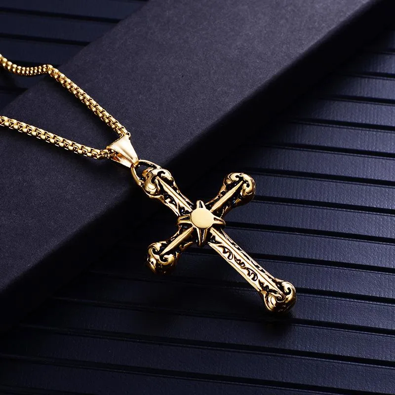 Gothic Silver or Gold Stainless Steel Cross Pendant and Chain Necklace