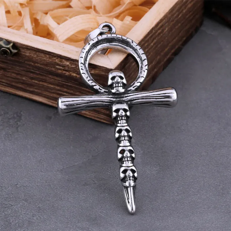 Gothic Silver Skull Cross Pendant Stainless Steel Necklace