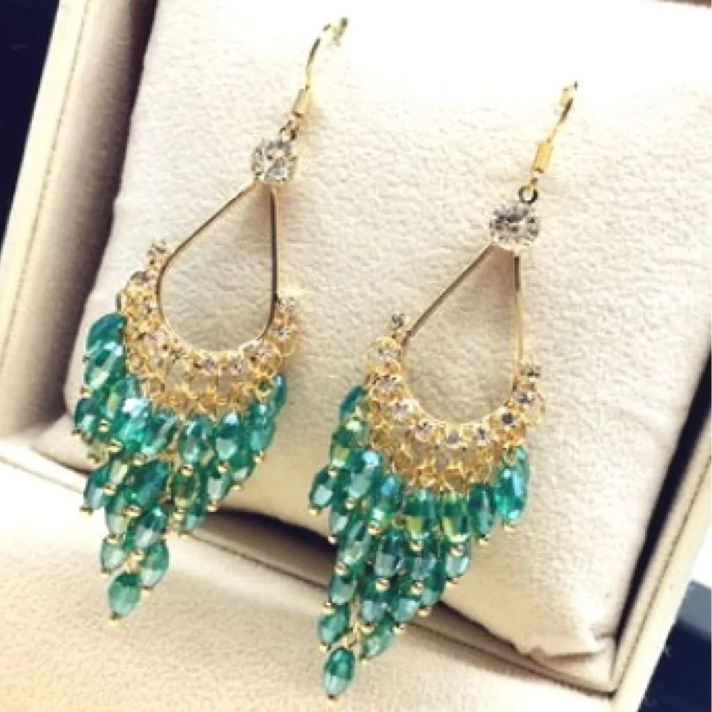 Green Crystal and Gold Chandelier Dangle Earrings