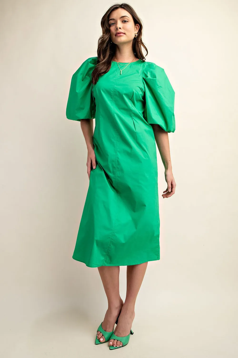 Green Puff Sleeve Midi Dress