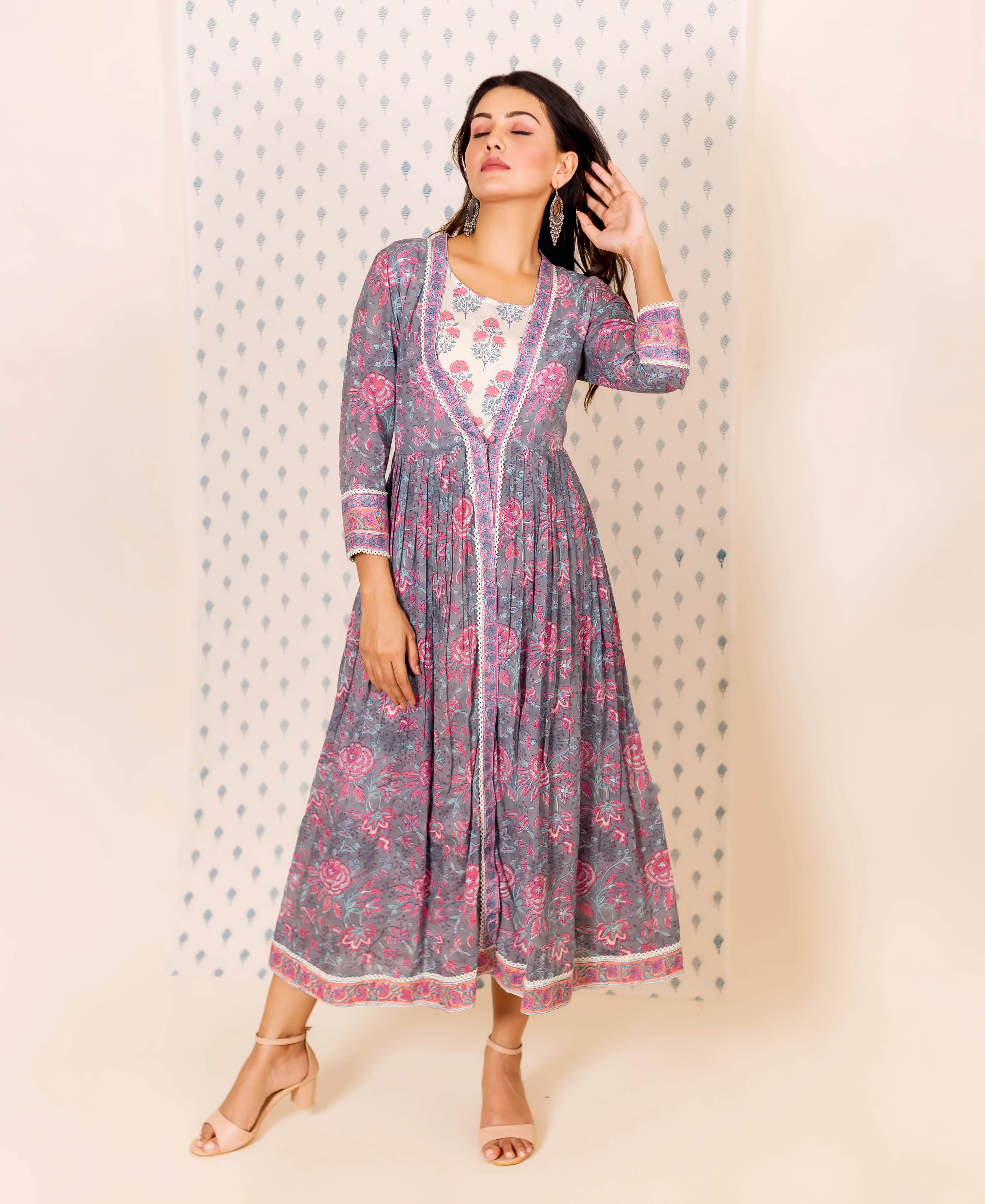 Grey and Pink Hand Block Printed Dress with Inner