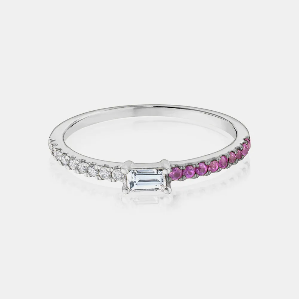 Half Diamond Half Pink Sapphire Baguette Ring