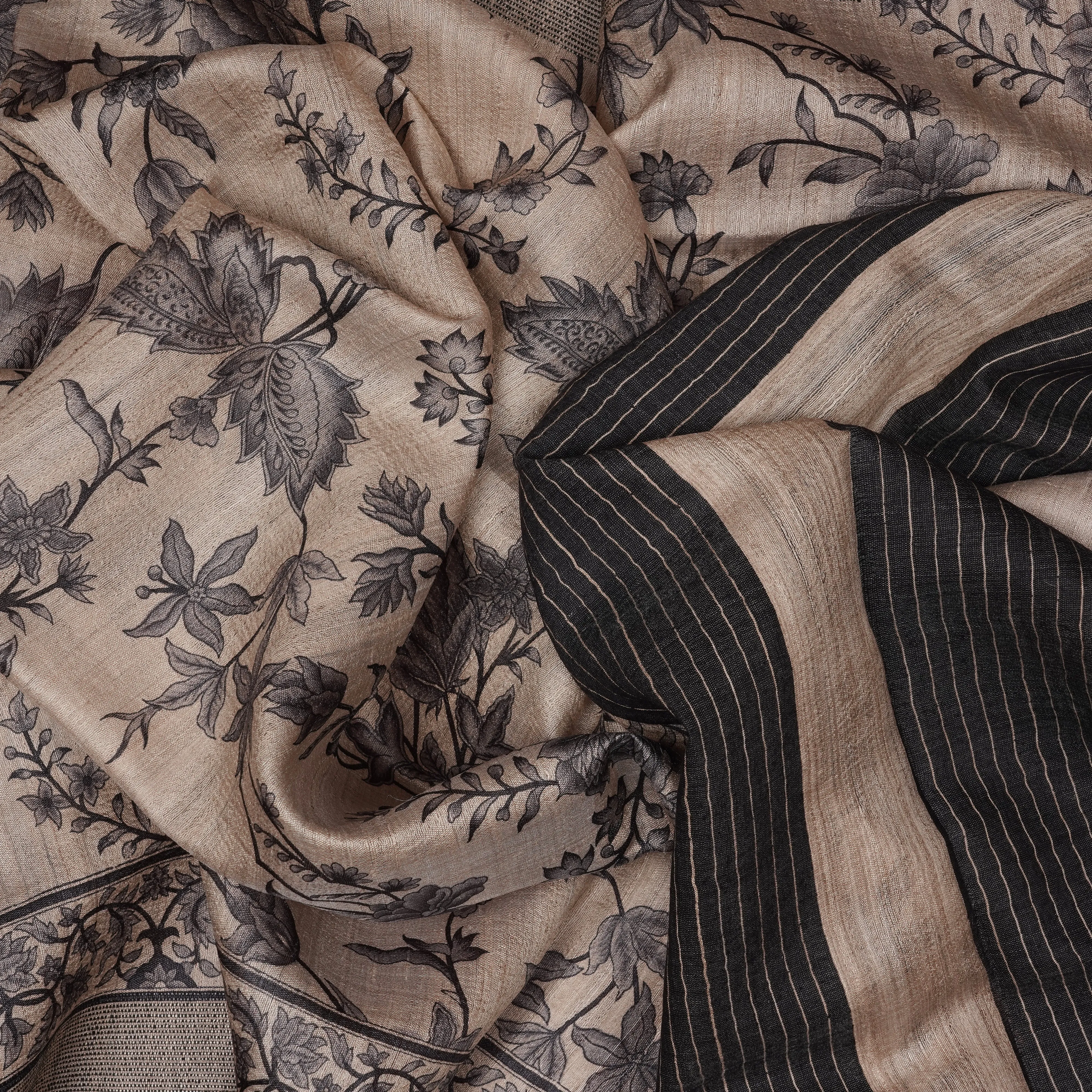 Handwoven Beige with Black Tussar Silk Saree - 2113T010647DSC