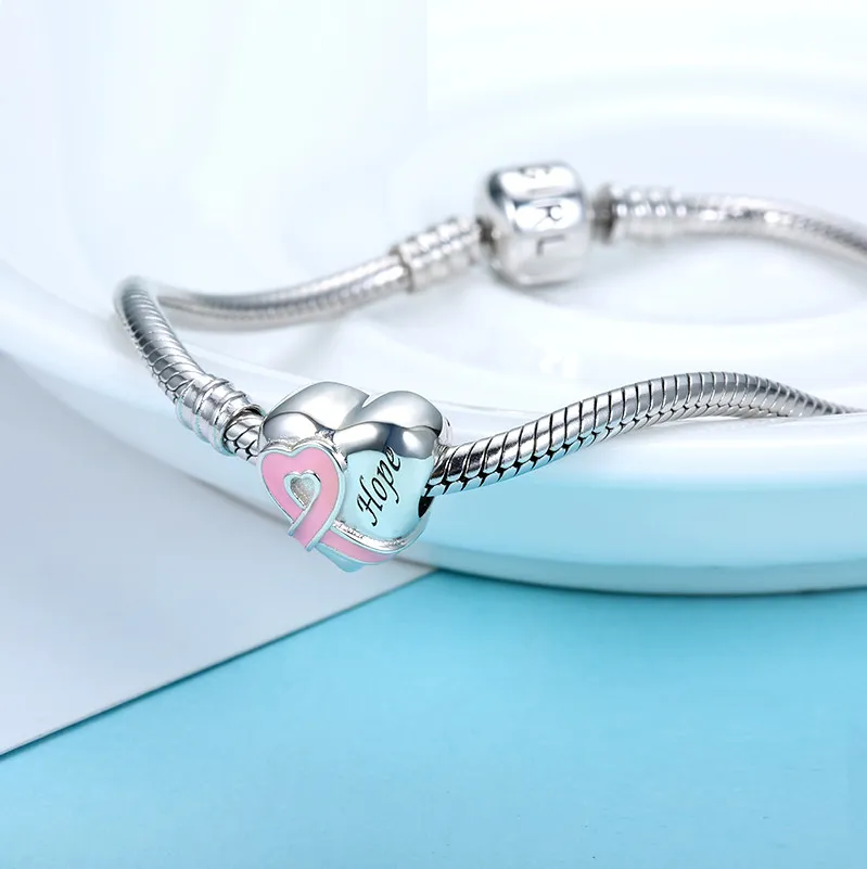 Hope Pink Heart Ribbon Charm 925 Sterling Silver