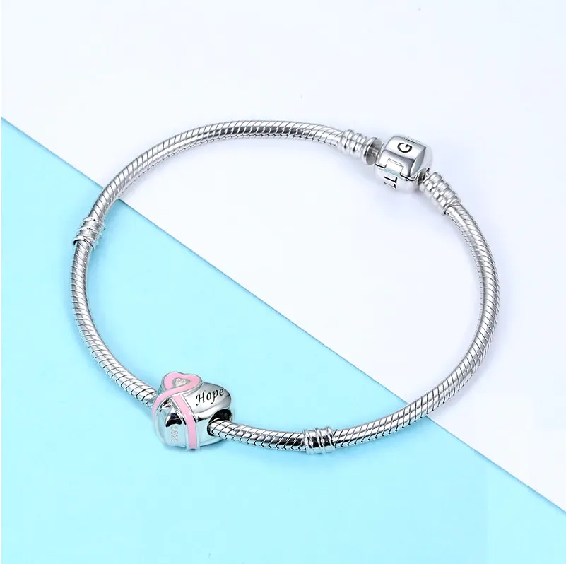 Hope Pink Heart Ribbon Charm 925 Sterling Silver