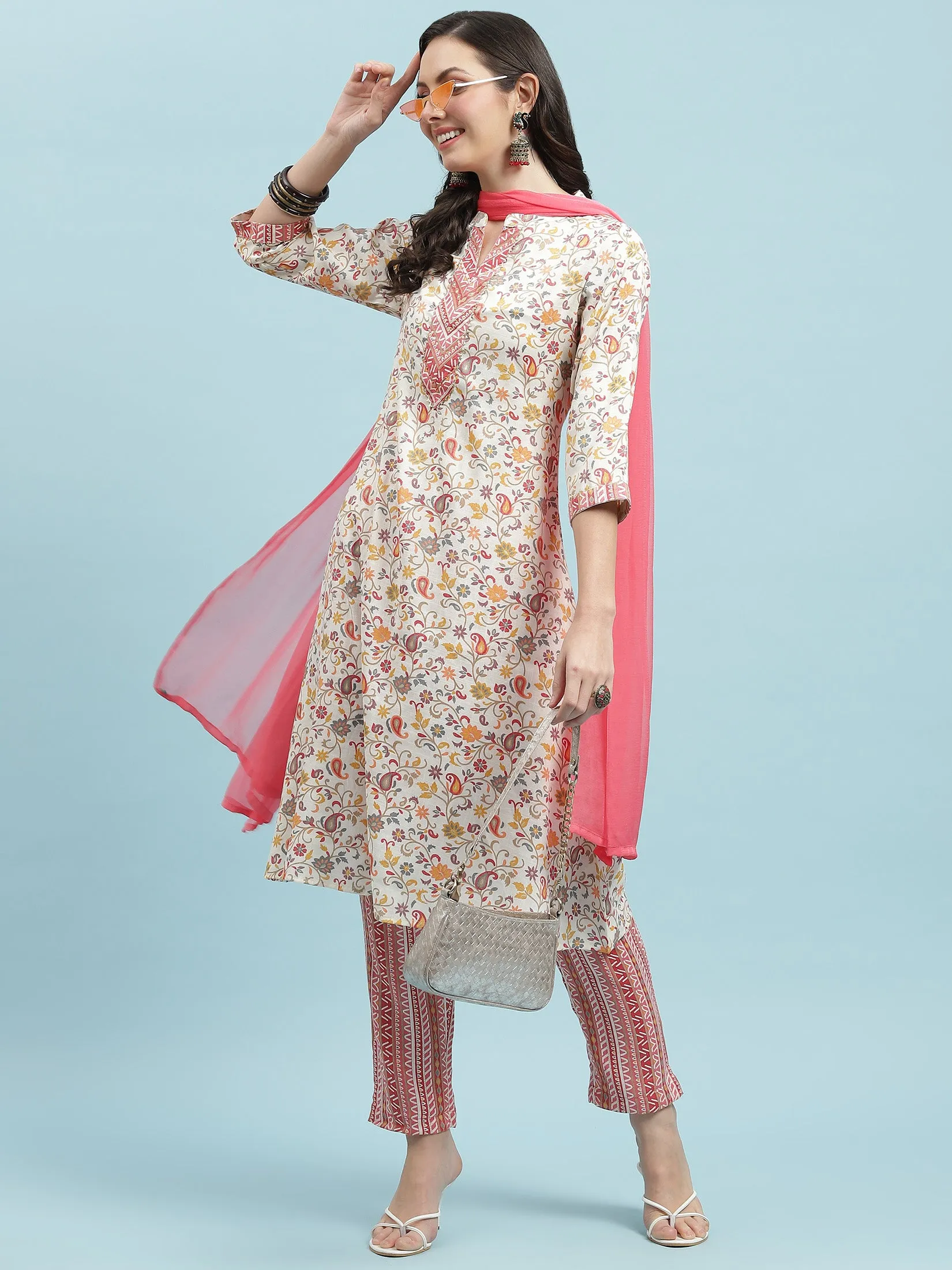 Indiessence Pink Floral Printed Kurta Trouser With Dupatta