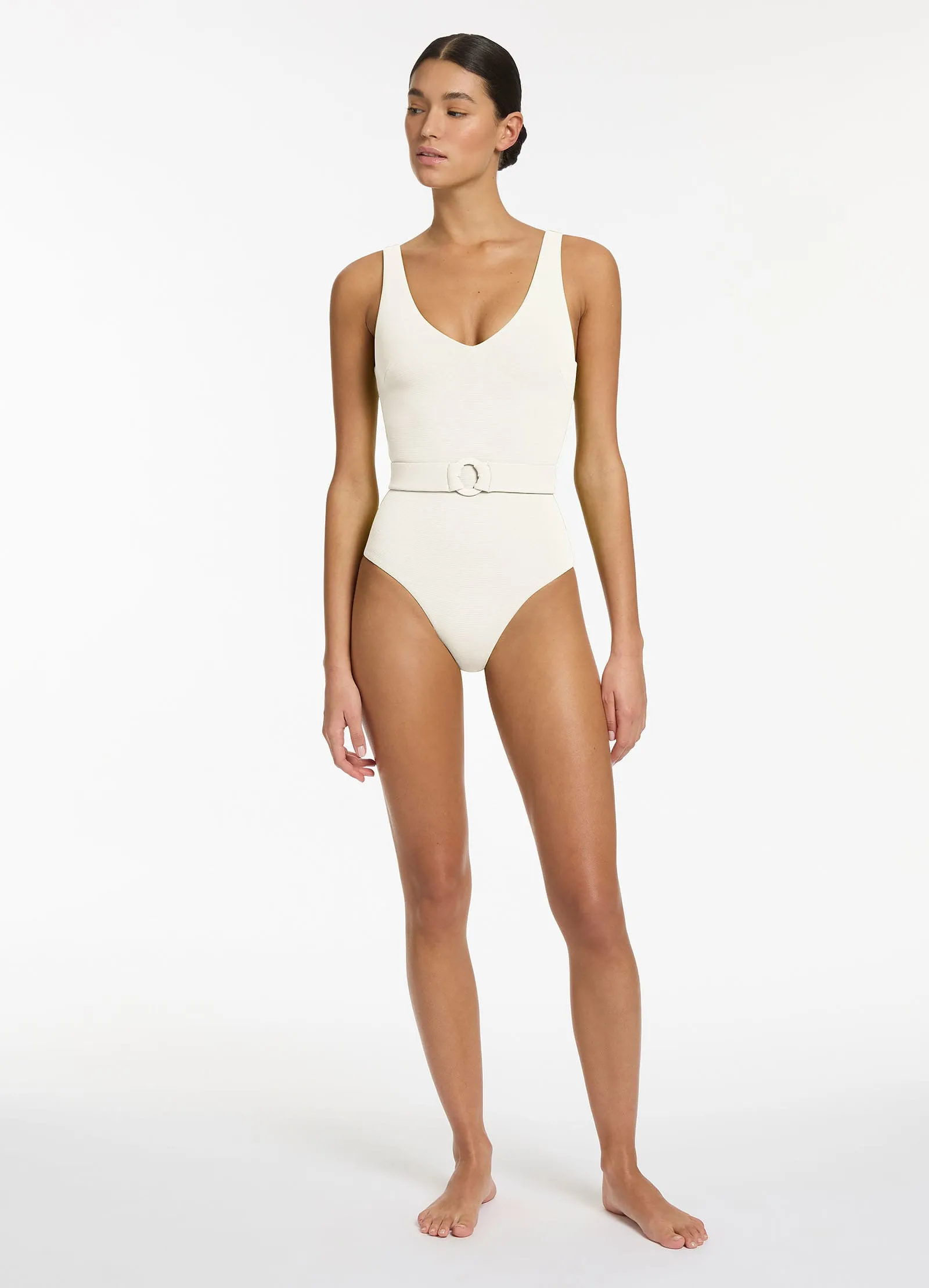 Isla Rib V-Neckline Belted One Piece - Cream