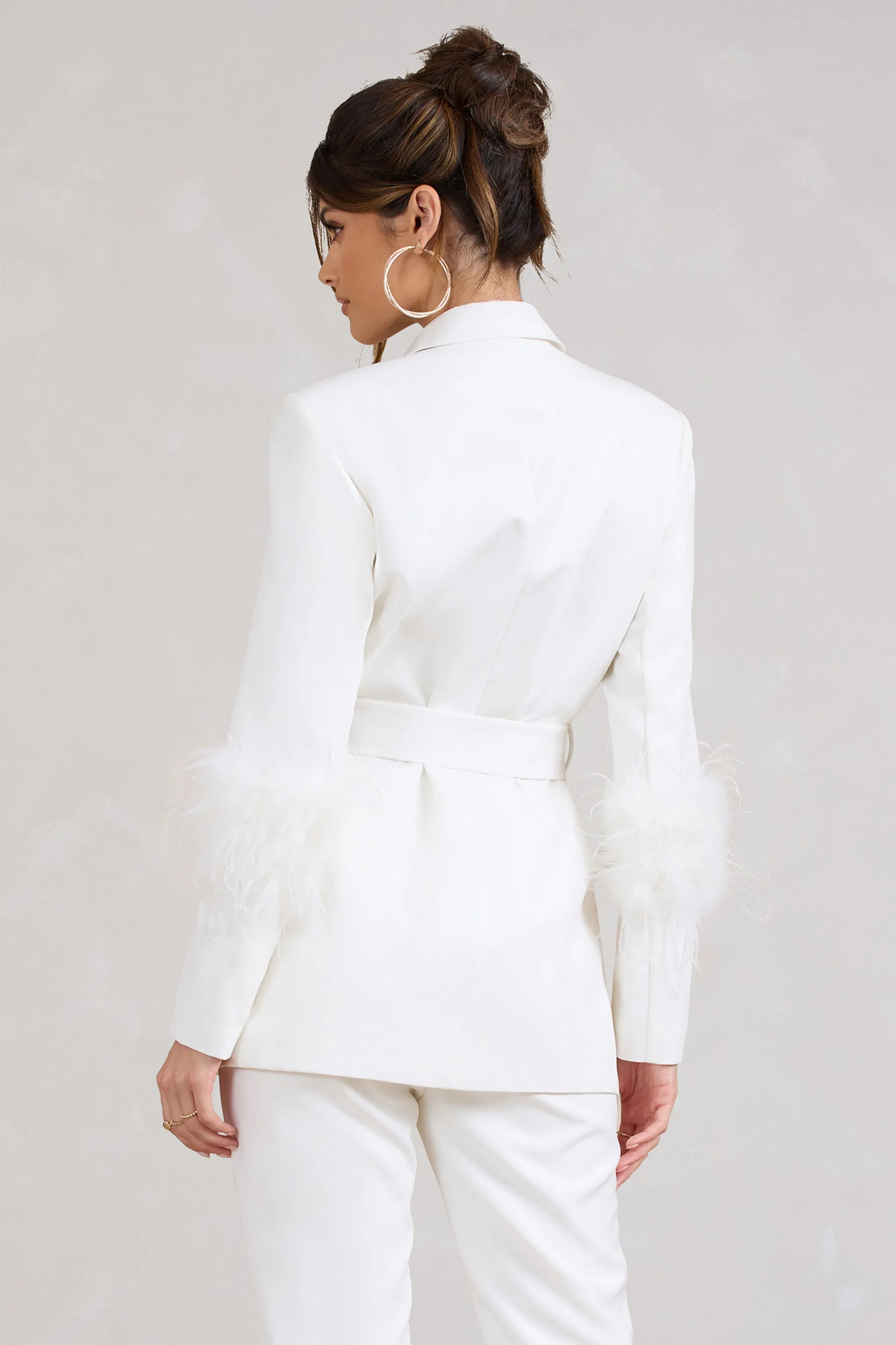 Just Like That | White Belted Blazer With Feather Detail