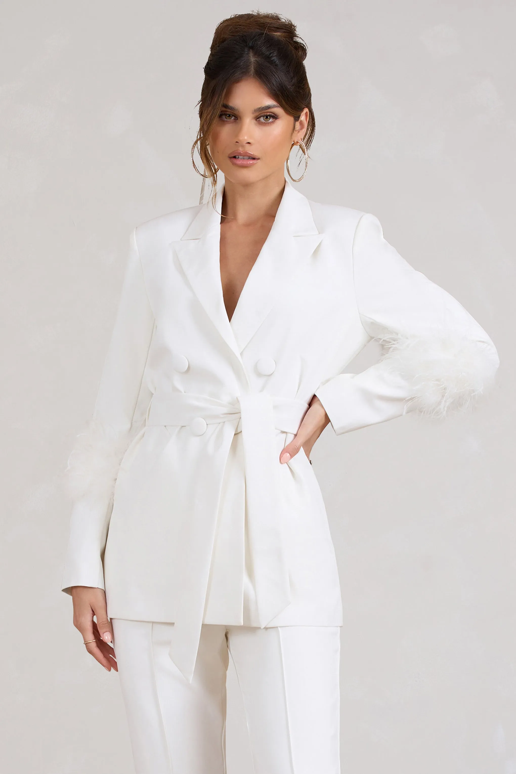 Just Like That | White Belted Blazer With Feather Detail